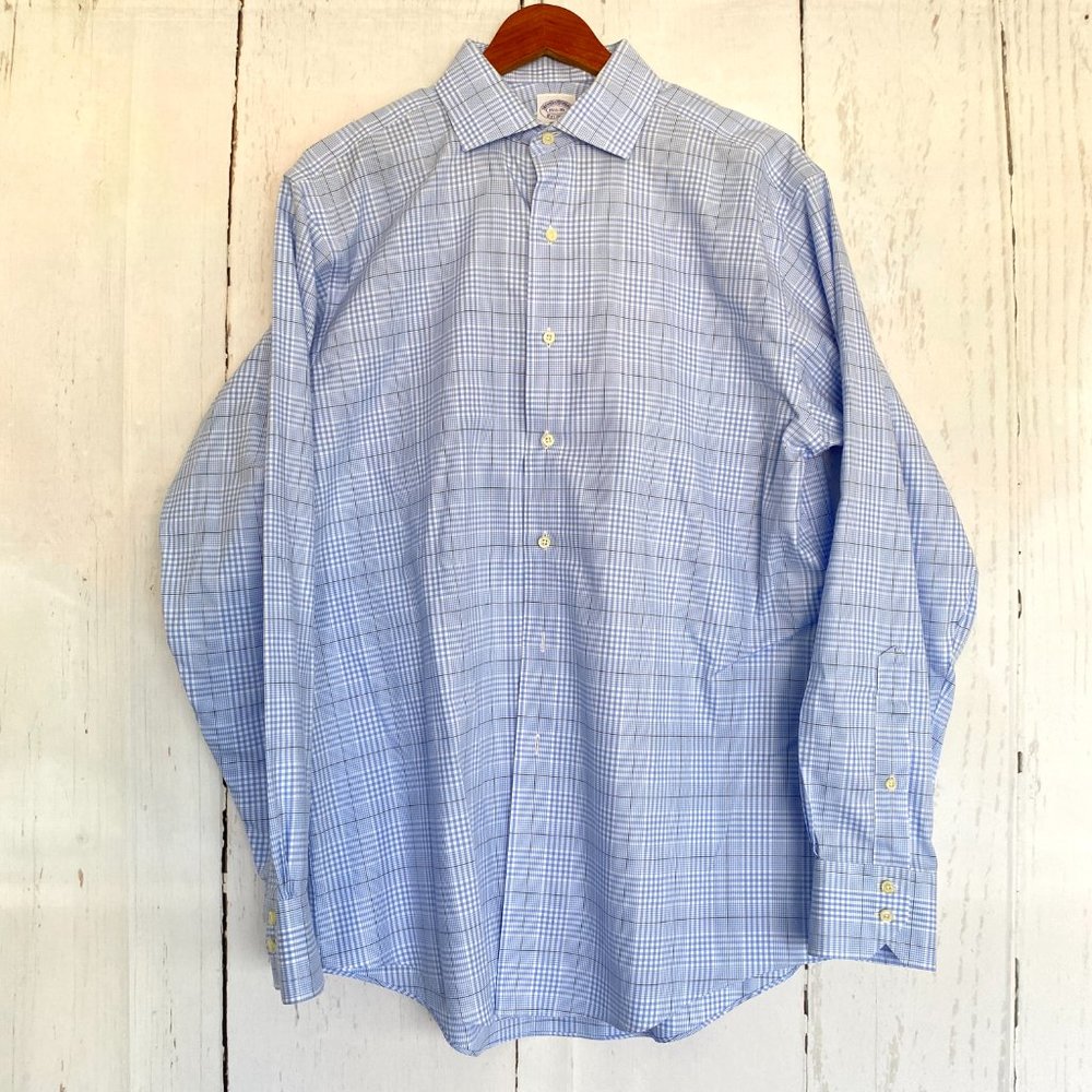 BROOKS BROTHERS Mens Blue Plaid Button Up 15.5-35